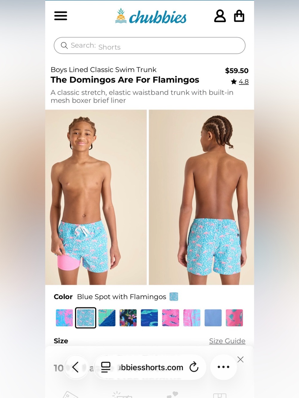 chubbies Blue Swim Trunks with Pink Flamingo Print, size M